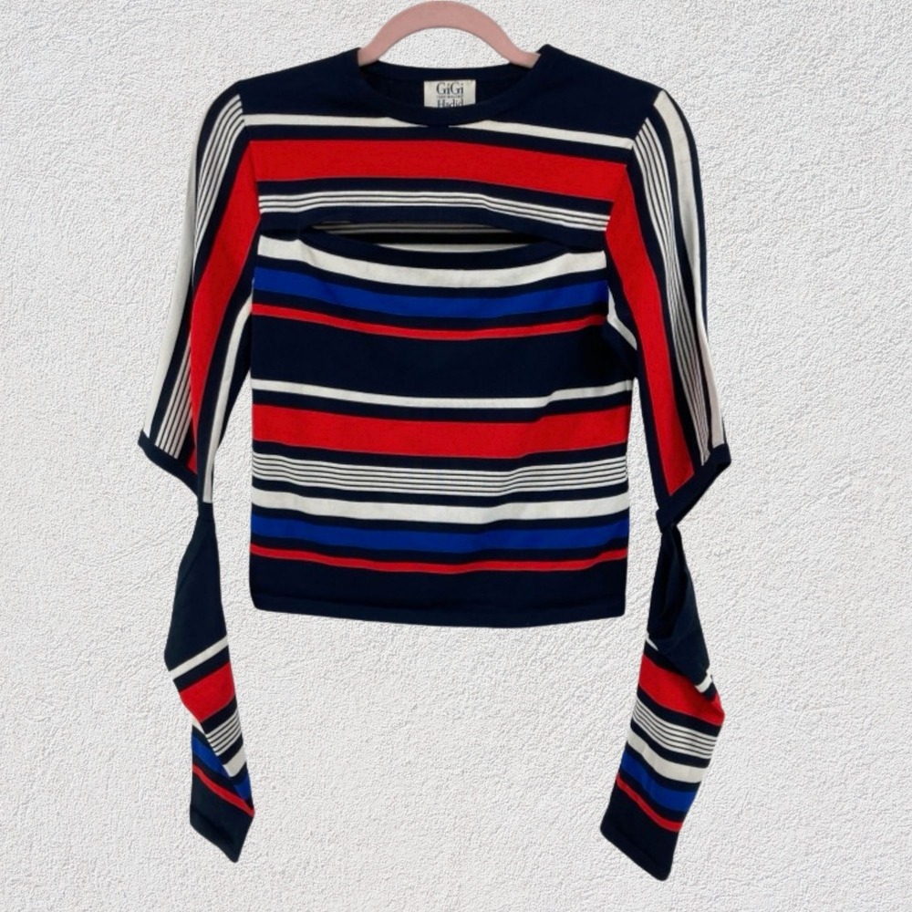 Tommy Hilfiger‎ Gigi Hadid Striped Cutout Chest Sleeve Sweater Navy Red S Top